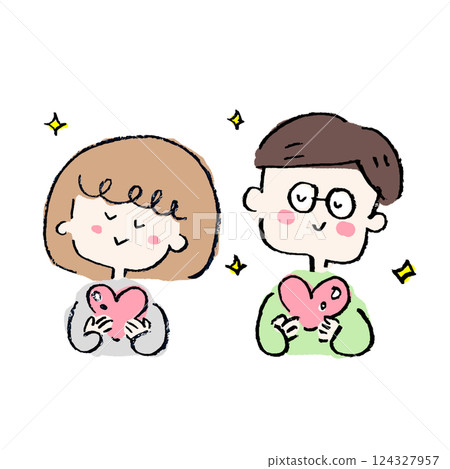 Smiling men and women holding hearts 124327957