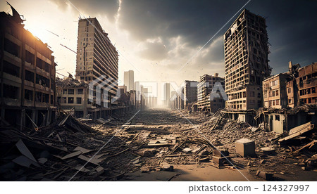 因災難而坍塌的城市街道（人工智慧產生的圖像） 124327997