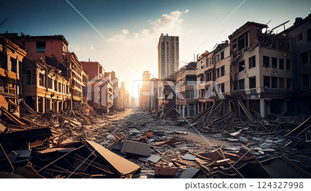 因災難而坍塌的城市街道（人工智慧產生的圖像） 124327998