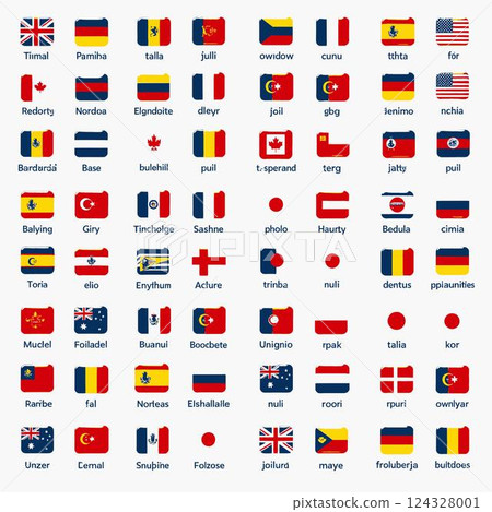 Grid of national flags with their names underneath. 124328001