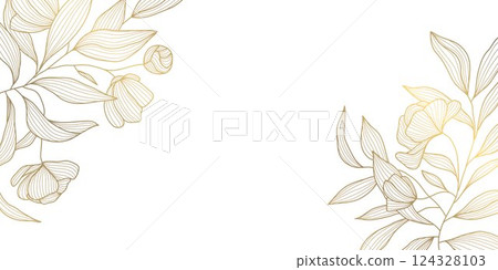 Vector golden floral line frame, luxury leaves plant border. Wedding elegant card, nature royal garden drawing. Vintage blossom decor. 124328103