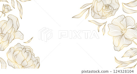 Vector golden floral line frame, luxury leaves plant border. Wedding elegant card, nature royal garden drawing. Vintage blossom decor. 124328104