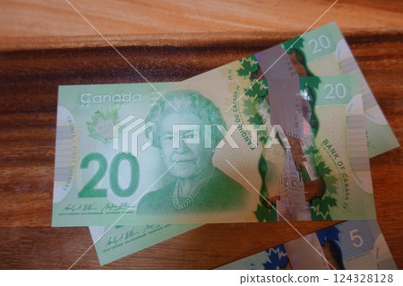 Canadian dollar bills 20 dollars and 5 dollars Canadian dollar bills 20 dollars and 5 dollars 124328128