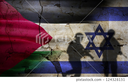 Israel vs Palestine flag on cracked wall. Palestine and Israel war concept, silhouette of soldiers in Palestine vs Israel 124328131