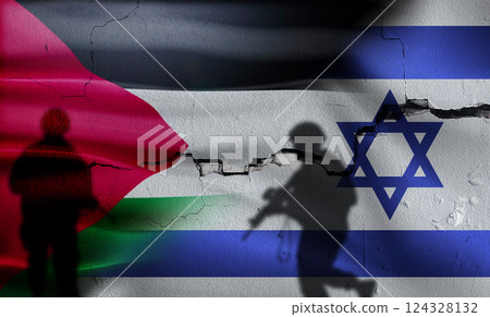 War between Palestine and Israel. Silhouette of soldiers in Palestine vs Israel. Israel vs Palestine flag on cracked wall. War between Palestine and Israel. Silhouette of soldiers in Palestine vs Israel. Israel vs Palestine flag on cracked wall. 124328132