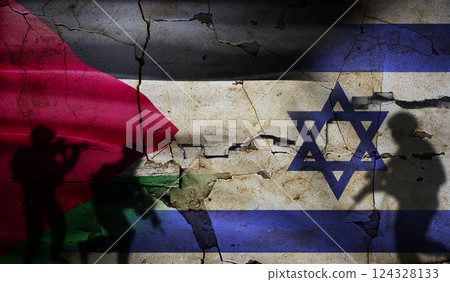 Israel vs Palestine conflict on cracked wall. Palestine vs Israel soldiers silhouette. War between Palestine and Israel 124328133