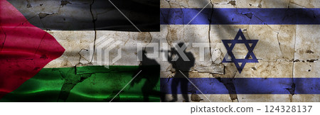 Palestine vs Israel flag, Conflict and war concept. Israeli flag attacking Palestine with soldiers 124328137