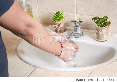Close up of a person washing their hands with soap, concept of correct hand washing, ways to prevent covid19 124328153