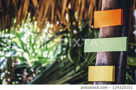 Palm trees background restaurant advertisement sign, beach restaurant sign, beach bar signs, 124328181