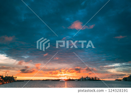 Helsinki, Finland. Touristic Boat Floating Near Valkosaari Island At Sunrise Sunset Time 124328191