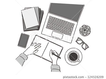 書桌和工作場景的鳥瞰圖——適用於遠距工作、學習和寫作等各種情況 124328209