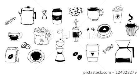 Coffee doodle set sketchy hand drawn sack with coffee beans, grinder, spices. Morning beverage and mug take away. Line cute drawing. 124328279