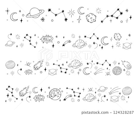 Celestial doodle border, falling star blink divider. Hand drawn ornament with stars, planets, meteorite and moon. Space magic simple decor. 124328287