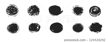 Scribble textured brush stroke ink or paint round splatter. Abstract grunge stain enso border, frame, hand drawn textured punk style asian design element Scribble textured brush stroke ink or paint round splatter. Abstract grunge stain enso border, frame, hand drawn textured punk style asian design element 124328292