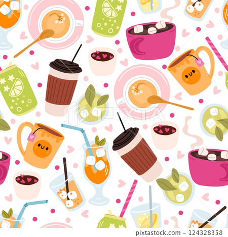 Beverages seamless pattern. Bubble tea. Coffee cup. Fresh juice. Lemonade glass. Cafe drinks. Repeated print. Marshmallow cacao. Sweet milkshake with tapioca boba. Vector background 124328358