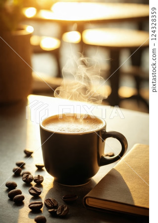 Cup of hot coffee on table with steam, coffee beans and notebook. Relaxing moment with coffee.  124328359