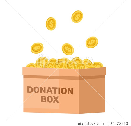 Cardboard donation box with gold coins. Financial aid. Voluntary assistance and generosity donates. Social charity contributions. Humanitarian help. Volunteers support. Vector concept 124328360