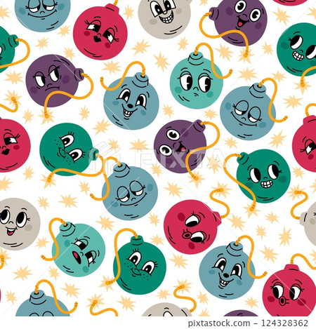 Cartoon bombs seamless pattern. Repeated round explosives with burning wicks and cute faces in animation style. Cartoon dynamite characters. Grenade detonation. Garish vector background Cartoon bombs seamless pattern. Repeated round explosives with burning wicks and cute faces in animation style. Cartoon dynamite characters. Grenade detonation. Garish vector background 124328362
