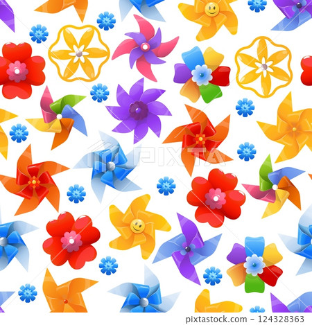 Color pinwheels seamless pattern. Cartoon windmills toys. Repeated print. Round spinning origami. Summer kids paper propellers. Holiday rotated fans. Breeze mills twirl. Vector background Color pinwheels seamless pattern. Cartoon windmills toys. Repeated print. Round spinning origami. Summer kids paper propellers. Holiday rotated fans. Breeze mills twirl. Vector background 124328363
