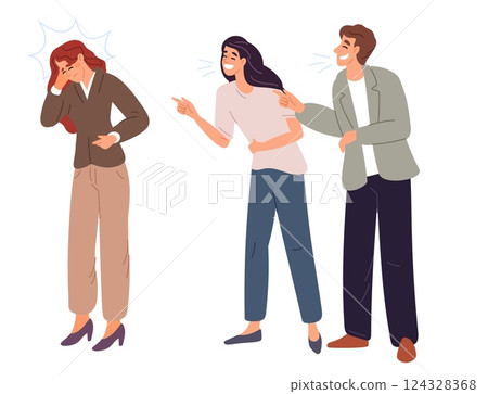 Couple taunting woman. Group bullying. Aggressive behavior to victim. Violence and social pressure. Conflict communication with abuse. Yelling angry people. Blame talk. Vector concept 124328368