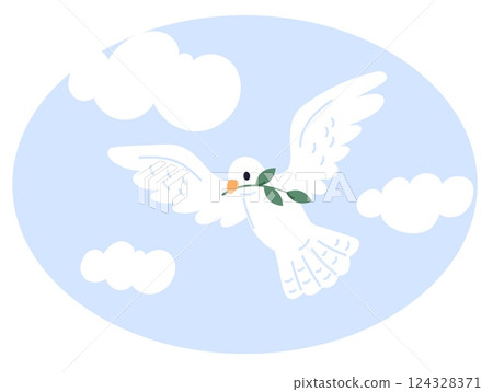 Dove of peace with olive branch in beak. Pigeon flying among clouds. Symbol of love and freedom. Hope bird. Peaceful animal. Wings of faith. Spiritual heaven. Twig leaves. Vector concept 124328371