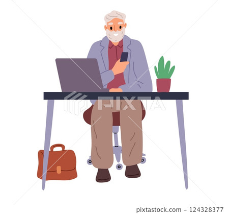 Elderly man works at computer table in office. Senior person at workplace. Freelance job for grandparent. Old businessman. Pensioner worker. Grandfather studying at laptop. Vector concept Elderly man works at computer table in office. Senior person at workplace. Freelance job for grandparent. Old businessman. Pensioner worker. Grandfather studying at laptop. Vector concept 124328377