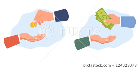 Financial donation. People helping with money. Human hands giving gold coins or dollar banknotes. Finance payment. Voluntary assistance. Charity donating. Volunteers support. Vector concept 124328378