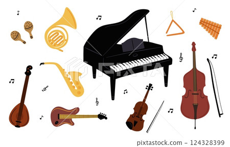 Jazz band. Musical instruments. Acoustic or electric guitars. Music performance. Saxophone and violin sound. Piano for orchestra concert. Cello and trumpet playing. Vector objects set 124328399