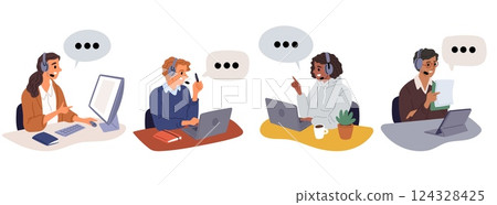Male and female support workers negotiate with customers. Mobile helpdesk chat. Buyers assistance. Hotline employees talking with clients. Operators at computers. Vector assistants set 124328425