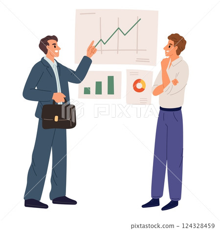Male financial analyst provides economy literacy training. Mentor teaching student. Teacher presenting infographics. Investor education course. Business learning classes. Vector concept 124328459