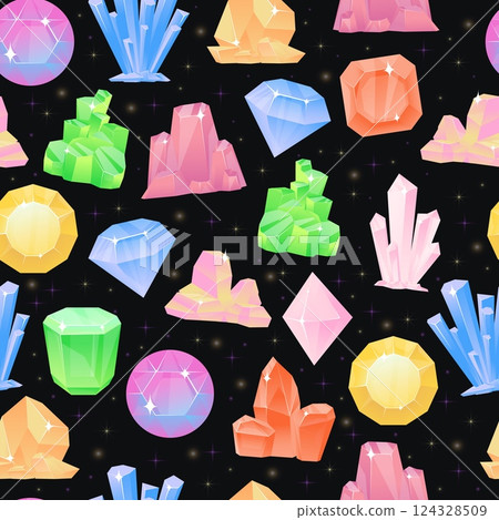 Multicolored crystals. Gemstones seamless pattern. Sparkling diamonds. Repeated print. Brilliant emeralds. Treasure sapphires. Magic stalactites. Faceted rhinestones. Vector background 124328509