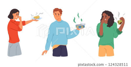 People holding smelly spoiled food in hands. Rotting meal. Stinking canned fish. Apple and cheese with mildew. Unpleasant odor. Persons suffer from stench. Detestable smells vector set 124328511
