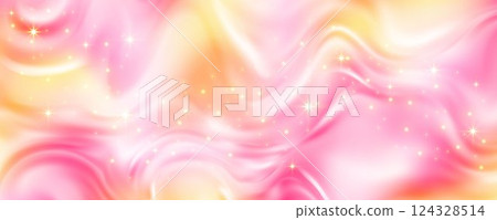Pink gradient background. Orange and yellow mesh pastel backdrop. Peach warm blurry sky with stars and bokeh. Liquid fluid texture 124328514