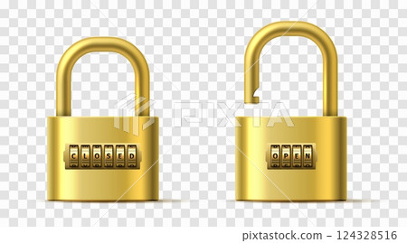 Realistic gold open and closed code lock on transparent background. Spinning reels with password word letters. Combination padlock. Passcode encryption. 3D interlock mechanisms vector set 124328516
