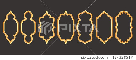 Ramadan golden frame. Islamic window shape. Arabic vector arch. Muslim vintage border for design. Indian decoration in oriental style. 124328517