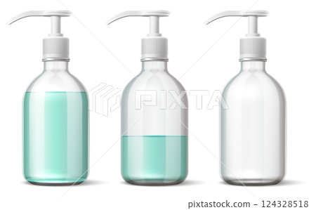 Realistic plastic bubble. Soap dispenser with different liquid levels. Full and empty bottle. Shampoo glass. 3D pump clear container. Cosmetic bath package. Vector packaging mockup set 124328518