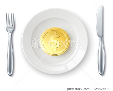 Realistic porcelain plate and gold coin. Ceramic dish with knife and fork. Payment for dinner. Food commercial value. Dollar cash money. Restaurant paying. Lunch gratuity. Vector concept 124328520