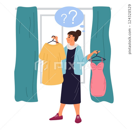 Woman chooses which dress to wear. Fitting room. Choice question. Customer trying fashionable clothing. Boutique sale. Garment fashion. Person buying clothes. Vector shopping concept Woman chooses which dress to wear. Fitting room. Choice question. Customer trying fashionable clothing. Boutique sale. Garment fashion. Person buying clothes. Vector shopping concept 124328529