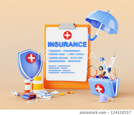 3d health insurance cartoon poster. Clipboard with paper policy form, shield, umbrella, first aid medicine bag, pills, syringe, stethoscope, tonometer. Healthcare, medical insurance. 3D illustration 124328557