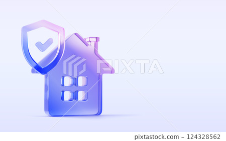 3d home insurance banner. Glass holographic transparent house icon with gradient protect shield on blue background render. Concept of real estate finance safety, property guarantee. 3D illustration 3d home insurance banner. Glass holographic transparent house icon with gradient protect shield on blue background render. Concept of real estate finance safety, property guarantee. 3D illustration 124328562
