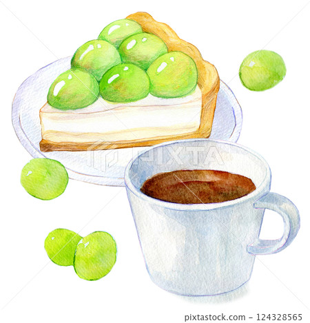 水彩插圖馬斯喀特蛋塔套餐 124328565