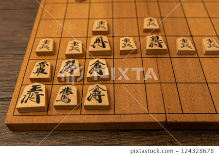 將棋棋子排列在將棋盤上，以穴熊策略防守。 124328678