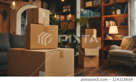 Moving Boxes in Living Room, Packed Cardboard Boxes for Relocation or Moving Day, Moving Process, New House Packing Moving Boxes in Living Room, Packed Cardboard Boxes for Relocation or Moving Day, Moving Process, New House Packing 124328689