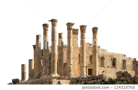 Temple of Zeus, Jordanian city of Jerash (Gerasa of Antiquity), capital and largest city of Jerash Governorate, Jordan. Carved on white background Temple of Zeus, Jordanian city of Jerash (Gerasa of Antiquity), capital and largest city of Jerash Governorate, Jordan. Carved on white background 124328708