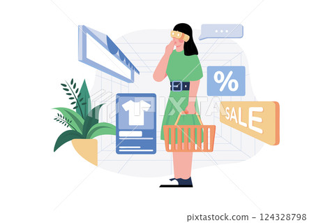 Woman wearing VR glasses having 3D experience in shopping in the metaverse. 124328798