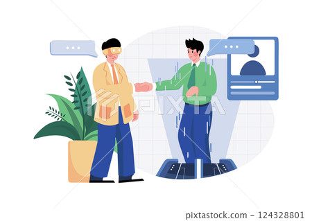 Man wearing virtual glasses is shaking a hand with a hologram graphic in a cyberspace area Man wearing virtual glasses is shaking a hand with a hologram graphic in a cyberspace area 124328801