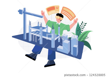A male architect works on a construction site in virtual reality 124328805