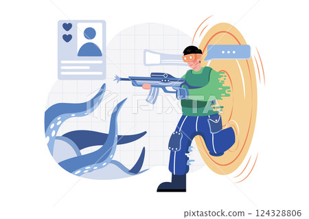 A man having fun playing metaverse VR virtual reality glasses 124328806