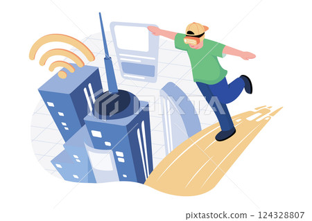 High angle view of a man walking on the digital bridge to a futuristic metaverse smart city 124328807