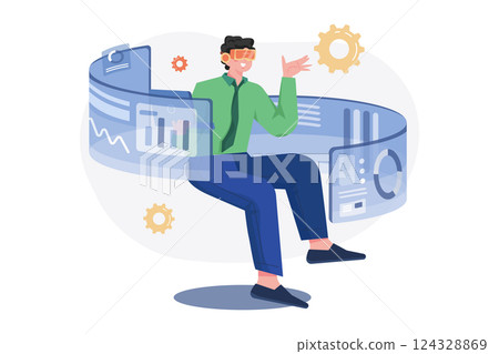 Businessman use VR virtual reality glasses and experiences of metaverse virtual world for business future 124328869